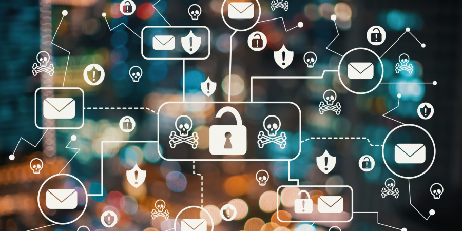 A dark, abstract background of blurred lights is overlaid with a network of security-related icons. The icons, connected by white dashed lines, include open envelopes, locks, skull and crossbones, and shields with exclamation marks, representing a digital security or scam warning. Property Tax Advice Expat Tax Advice PTA ETA Riverview Portfolio