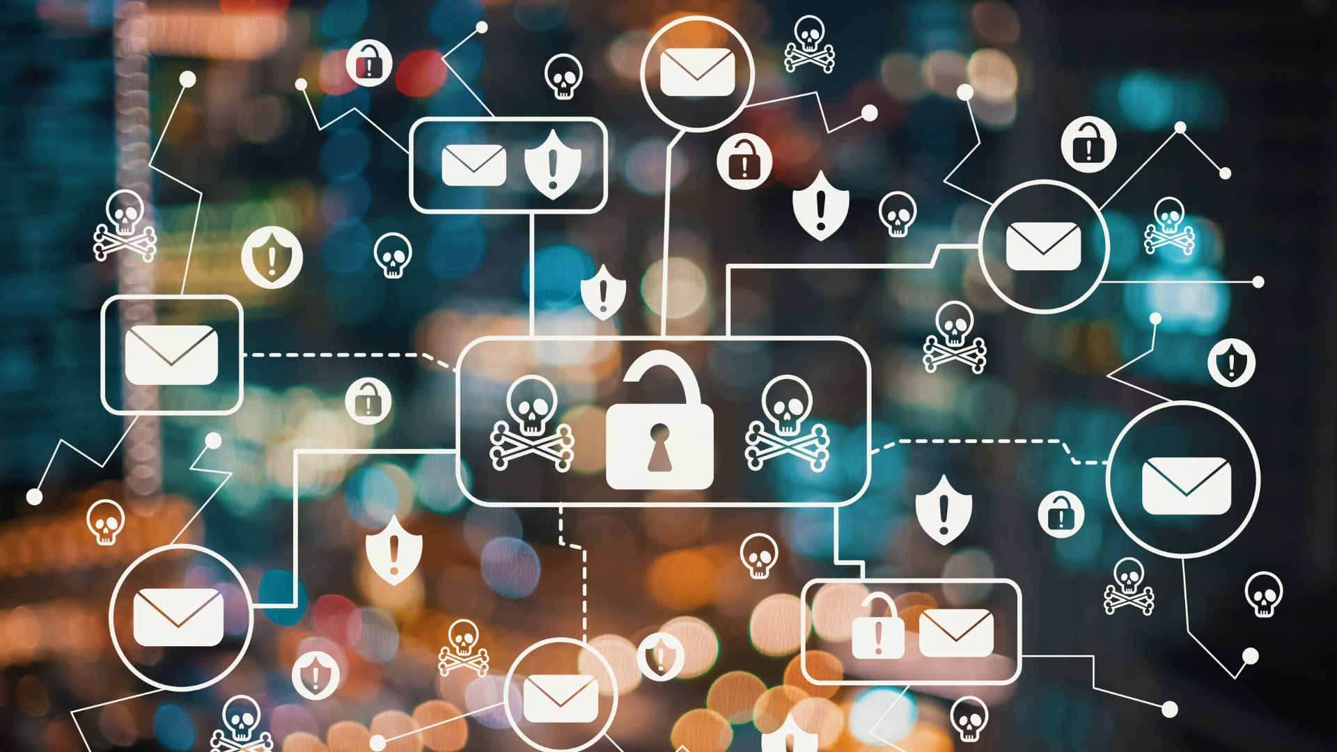 A dark, abstract background of blurred lights is overlaid with a network of security-related icons. The icons, connected by white dashed lines, include open envelopes, locks, skull and crossbones, and shields with exclamation marks, representing a digital security or scam warning. Property Tax Advice Expat Tax Advice PTA ETA Riverview Portfolio