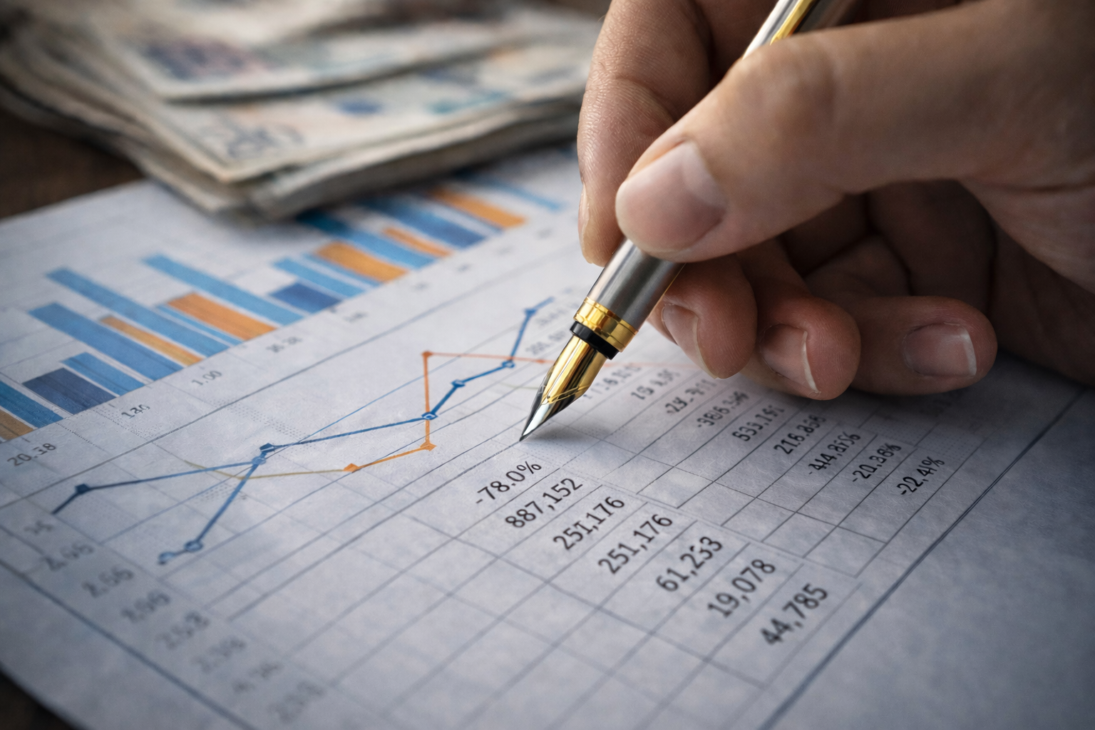 Close-up of a person reviewing a financial report with charts and numerical data using a pen, representing accurate financial reporting and financial analysis.