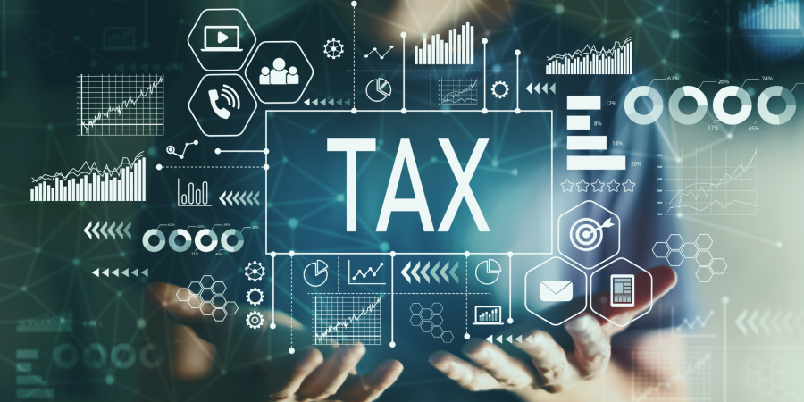 Making Tax Digital concept image showing the word TAX surrounded by digital charts, graphs and business icons