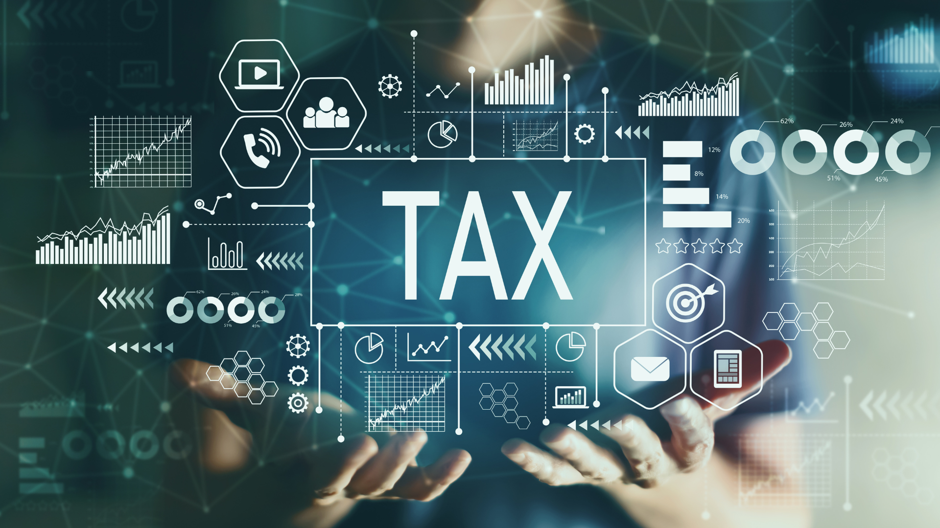Making Tax Digital concept image showing the word TAX surrounded by digital charts, graphs and business icons