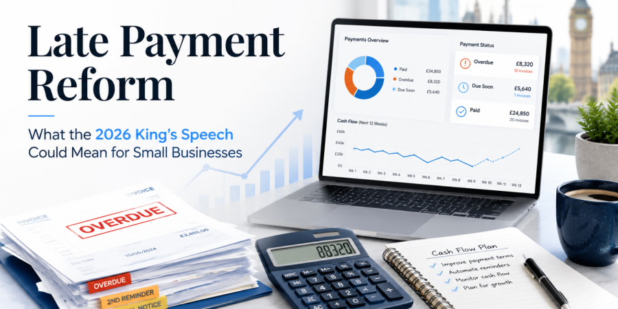 Small business cashflow dashboard with overdue invoices, showing the impact of late payment reform following the 2026 King’s Speech.