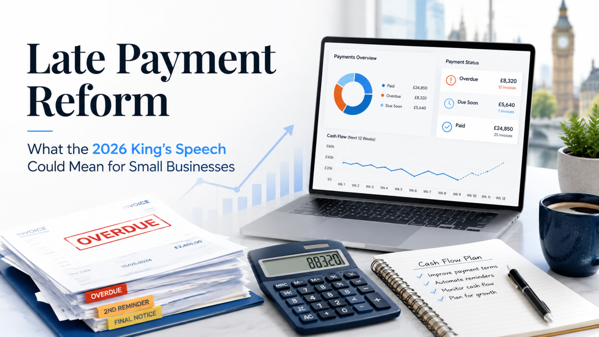 Small business cashflow dashboard with overdue invoices, showing the impact of late payment reform following the 2026 King’s Speech.