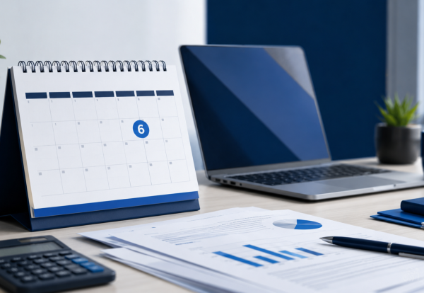 Office desk with calendar, calculator and business paperwork representing the 2026 P11D deadline for employer expenses and benefits.