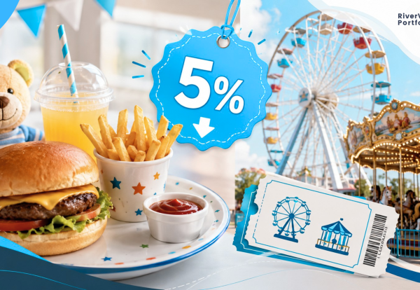 Temporary 5% VAT rate for children’s meals and family attractions, with VAT sign, child’s meal and family attraction ticket.