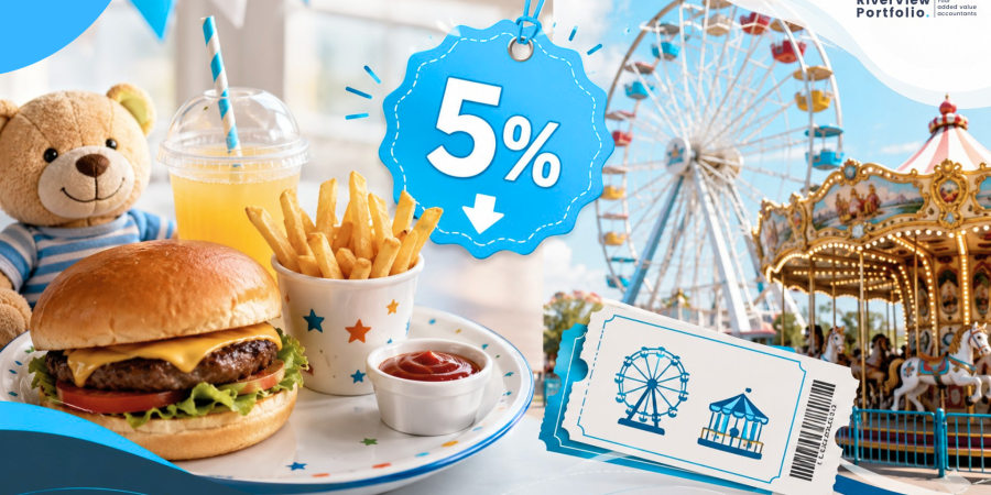 Temporary 5% VAT rate for children’s meals and family attractions, with VAT sign, child’s meal and family attraction ticket.