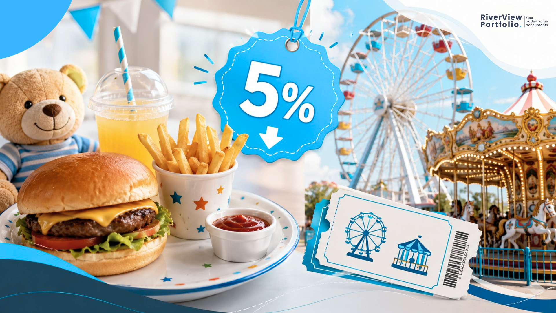 Temporary 5% VAT rate for children’s meals and family attractions, with VAT sign, child’s meal and family attraction ticket.
