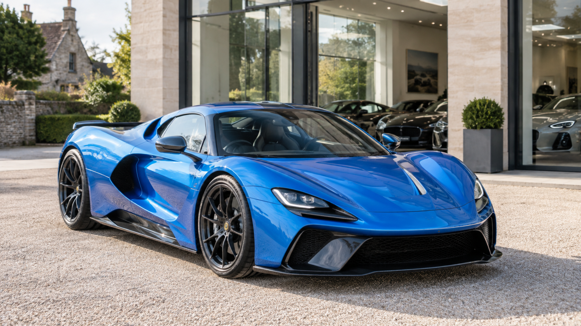 Blue hypercar outside a vehicle showroom, illustrating a business car VAT case