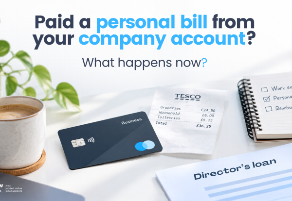 Company card, personal shopping receipt and director's loan paperwork illustrating a personal bill paid from a limited company account