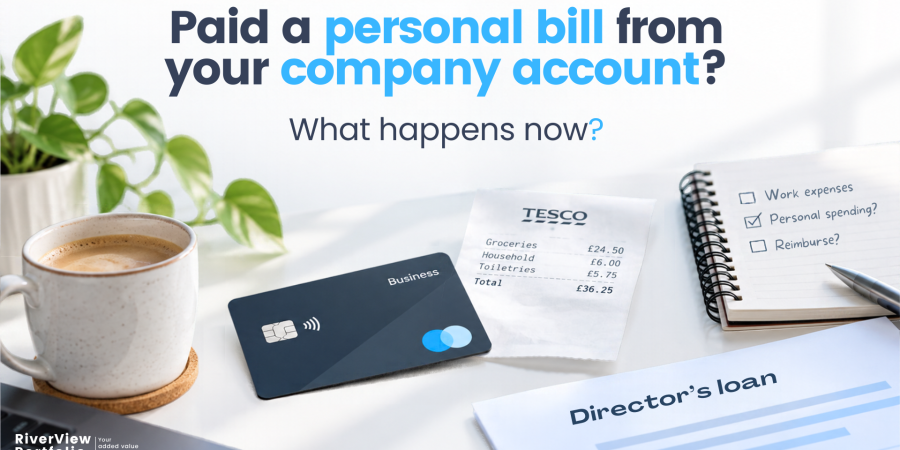 Company card, personal shopping receipt and director's loan paperwork illustrating a personal bill paid from a limited company account