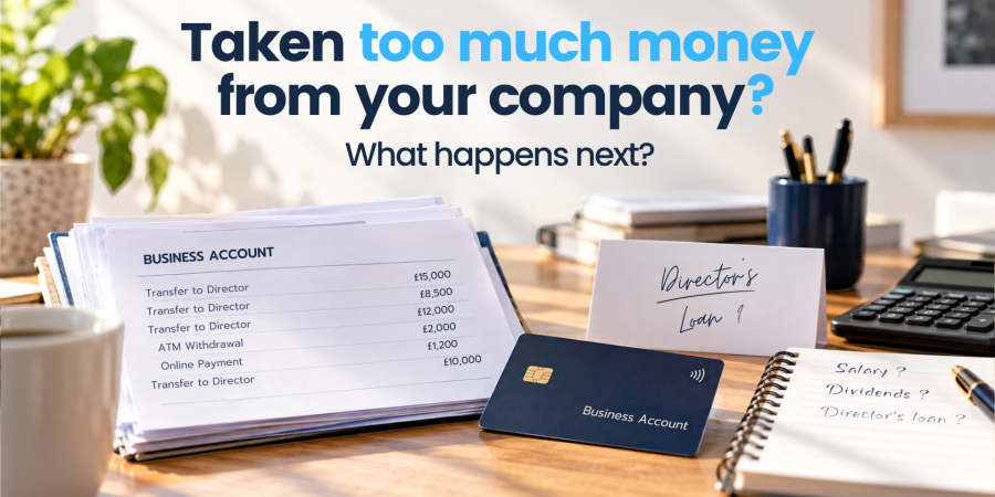Business owner reviewing company withdrawals and a possible director's loan after taking too much money from a limited company
